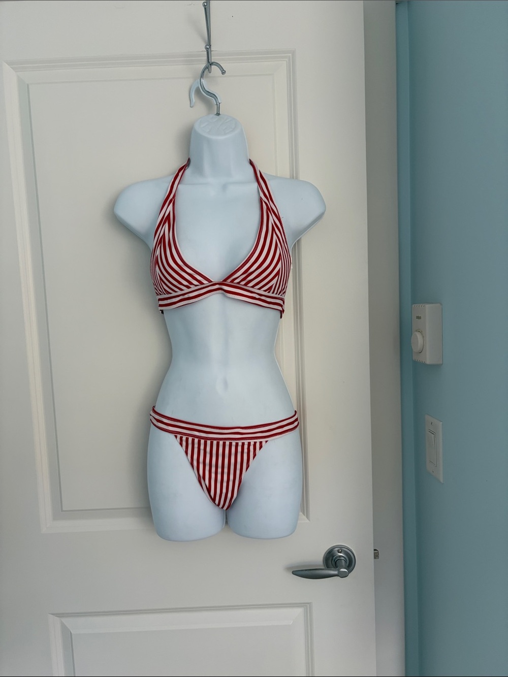 Red and White Striped Halter Bikini Set - Women Swim